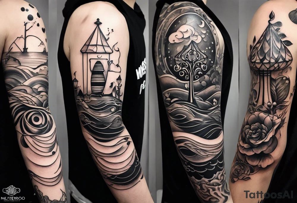 lots of empty space with simple line of icons down the back of the arm. there are four icons in this order:

1. a music note on a staff
2. a wave of water
3. a pocket
4. mushroom tattoo idea