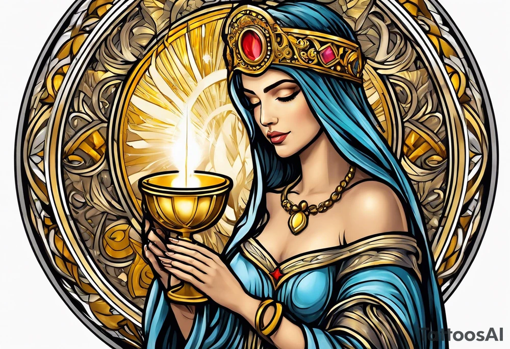 holy saint woman with golden halo holding a chalice tattoo idea