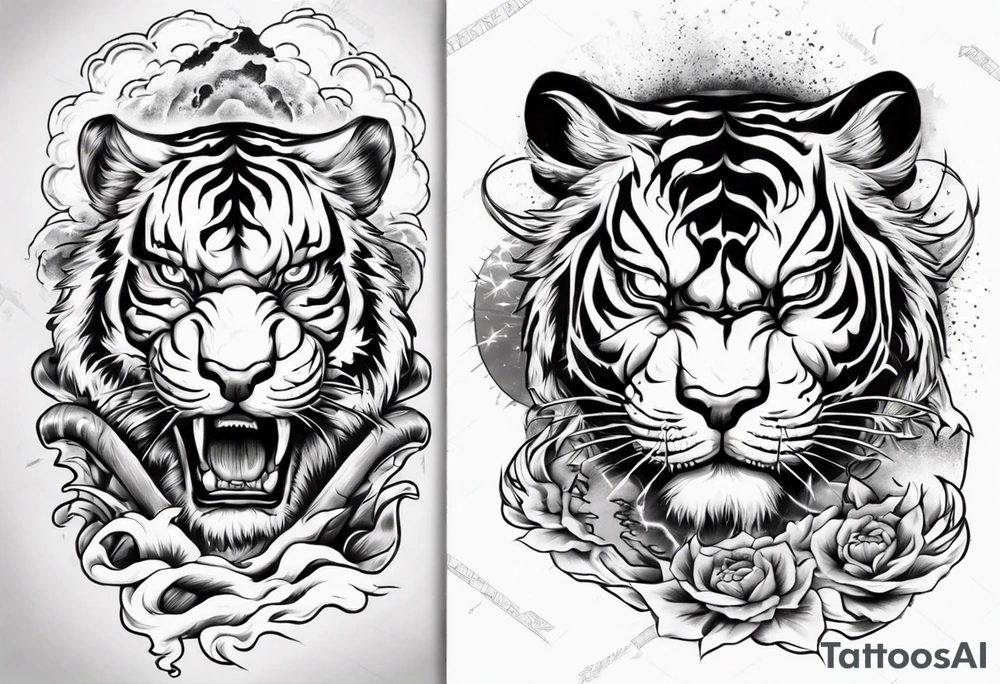 tiger warrior with lightning and the sun for a forearm sleeve tattoo idea