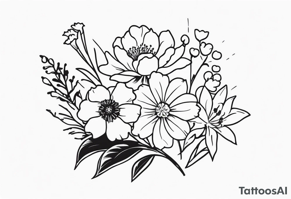 small minimalist black and white tattoo of a cute flower bouquet that MUST include 6 DIFFERENT flowers with ONE OF EACH: a carnation, a daffodil, a lily stock, a rose, a cosmos, and a chrysanthemum. tied together with a small bow tattoo idea