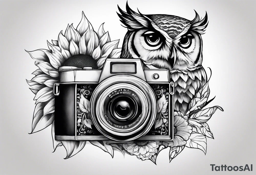 sunflower, camera, water wave, owl, book tattoo idea