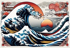 japanese wave mixed in celtic patterns equally. surfer tattoo idea