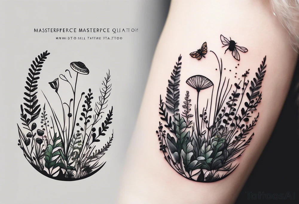 forest floor inspired minimalist tattoo, which includes grass, curly ferns, moss and dead leaves as the bulk of the tattoo. details to include: forest berries, a tiny bumblebee flying nearby, three small brown mushrooms
Generate a vertically long one tattoo idea