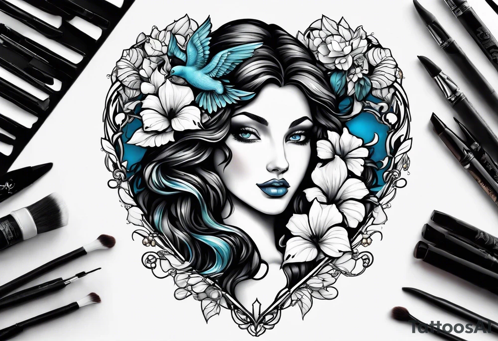 Black skin Aphrodite with auburn hair and ocean-blue eyes surrounded with doves and poison ivy sitting on a heart tattoo idea