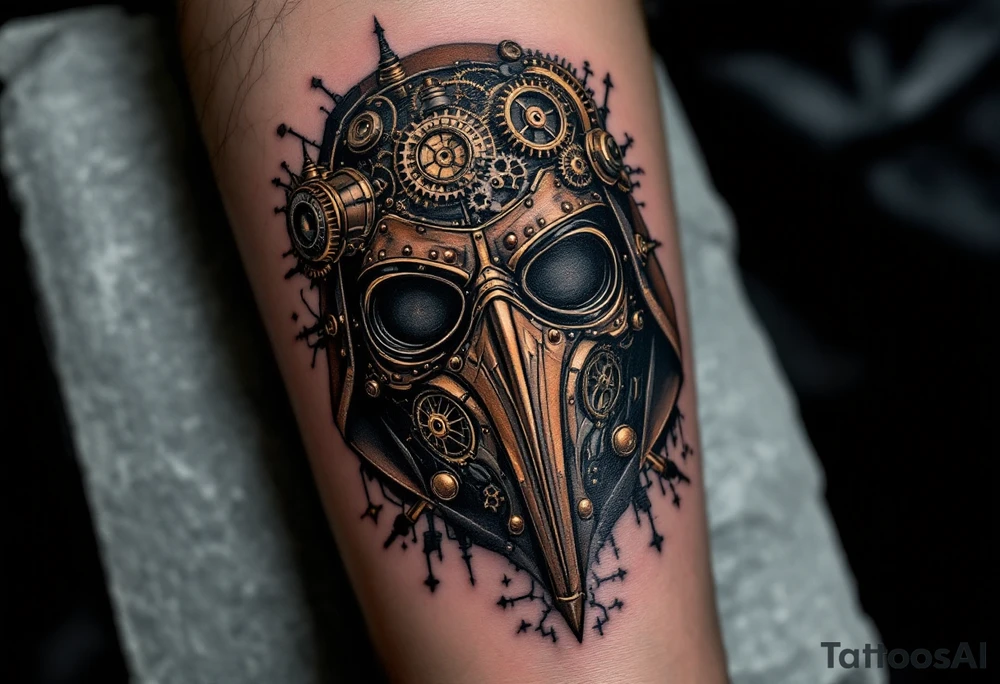 Steampunk Plague Doctor – A mechanical doctor with gears and cogs embedded into the tipical plague doctor mask. The leather mask is dark brown with copper rivets, and the robe has brass buttons and clockwork detailing. tattoo idea