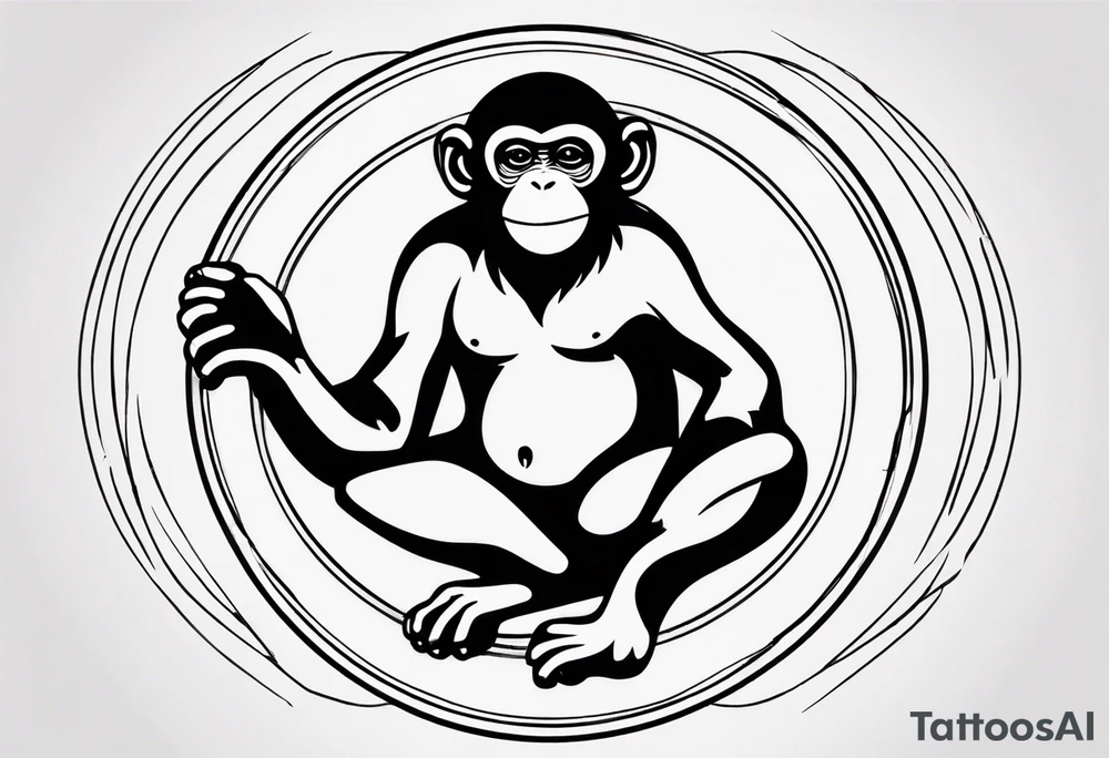 Create an abstract happy monkey body icon shape on a small disconnected circle where the monkey is just a shape no face tattoo idea