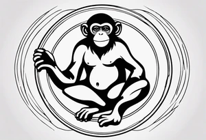 Create an abstract happy monkey body icon shape on a small disconnected circle where the monkey is just a shape no face tattoo idea