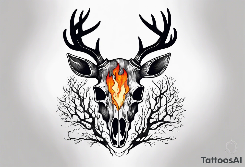 A side view of decayed deer skull surrounded by trees and fire tattoo idea