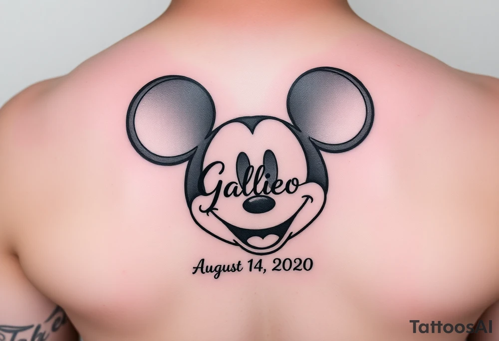 mickey mouse symbol with the name Galileo and the date August 14,2020, incorporated tattoo idea
