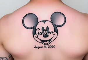 mickey mouse symbol with the name Galileo and the date August 14,2020, incorporated tattoo idea
