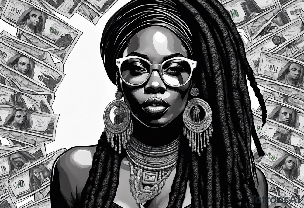 african woamn with dread locks and un glasses biting money tattoo idea