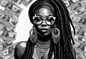 african woamn with dread locks and un glasses biting money tattoo idea