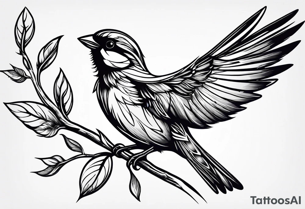 Sparrow taking off from breaking branch tattoo idea