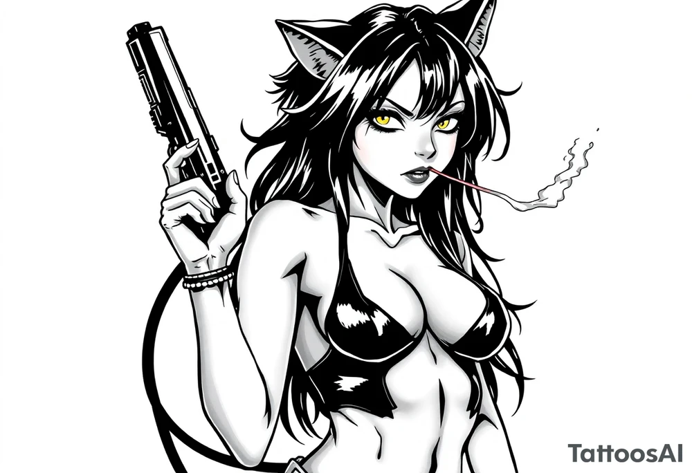 naked catgirl, slut, anime, holding gun, black, smoking, angry tattoo idea