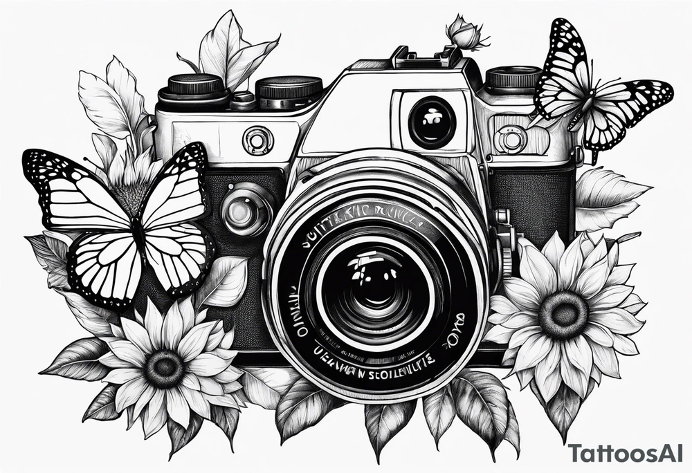 Butterfly, sunflower, camera, book, flower rose tattoo idea Butterfly, sunflower, camera, book, flower rose tattoo idea