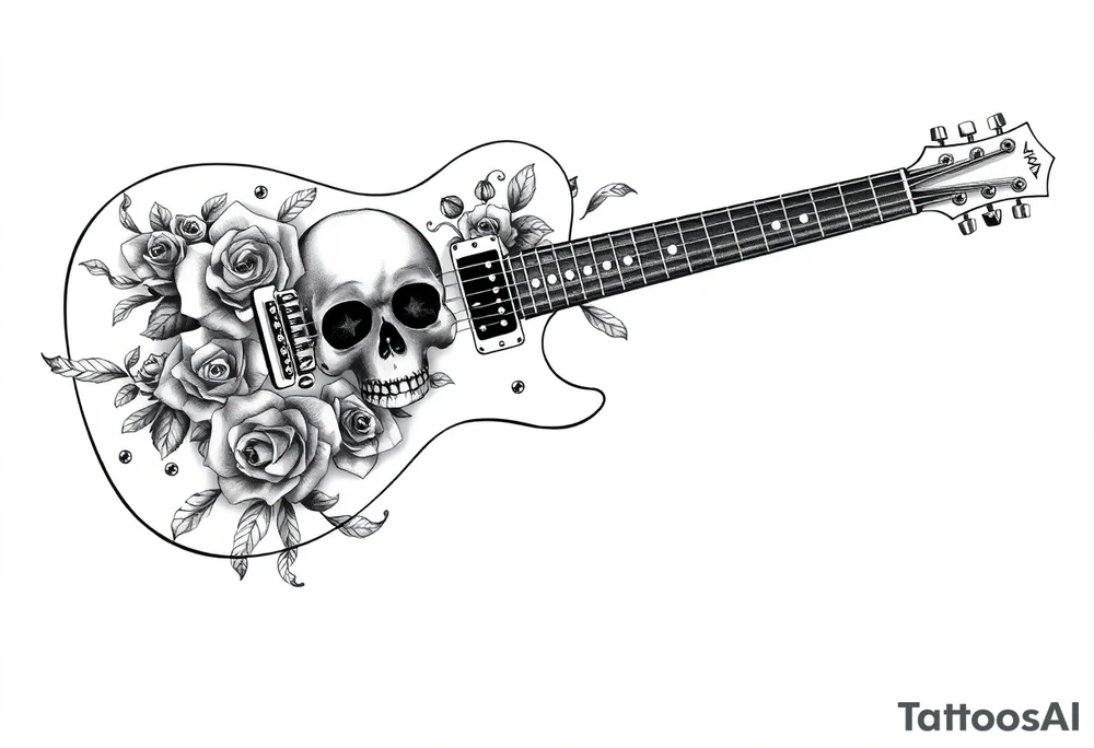 Electric guitar with skulls and roses printed on it tattoo idea