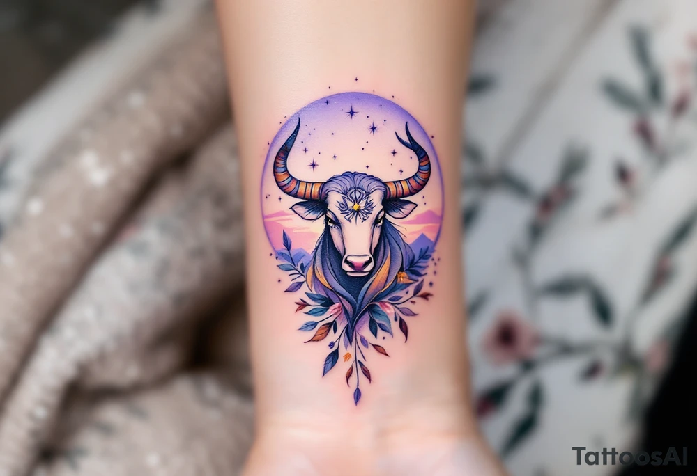 Under a lilac twilight, Taurus rises strong and steady, its constellation a symbol of patience. tattoo idea