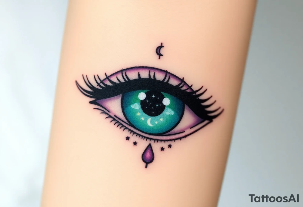 Large outline of an eye shaped like an almond with eye colored greenish blue with long pretty black eyelashes + spade eyeball  + a crescent moon stars and clouds inside of the eyeball only + using vivid colors like blue green purple light blue light green light purple tattoo idea