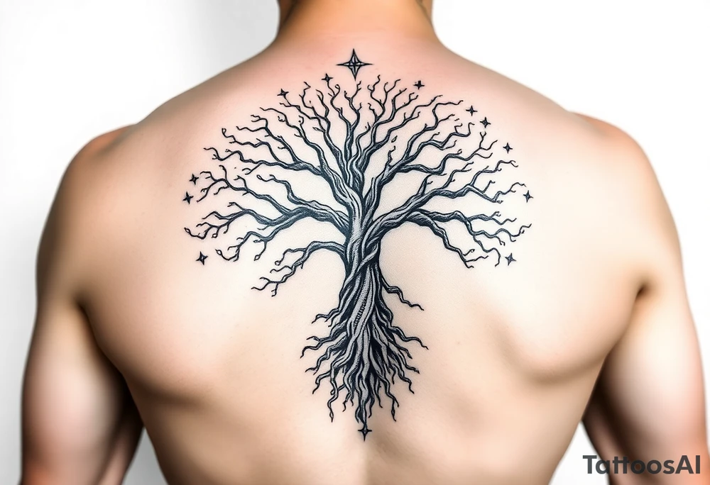 mystical tree of life with cosmic roots and celestial branches tattoo idea