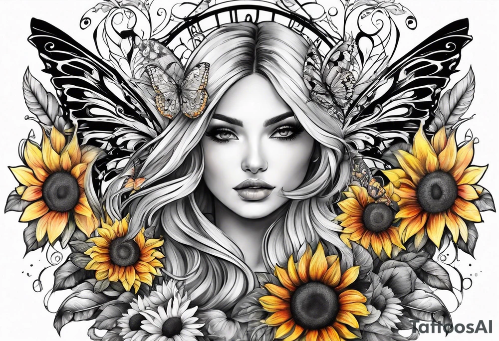 arm sleeve with winged cross, rainbow sunflowers and butterflies tattoo idea
