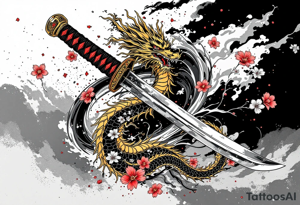 An ancient katana with a dragon-wrapped hilt – A finely detailed Japanese katana with a slightly curved, polished steel blade reflecting soft light. The hilt is tightly wrapped in black and crimson silk, with a golden oriental dragon coiled around it, its scales shimmering in deep gold and red. Cherry blossom petals drift around the blade, and a faint ink brush wave pattern flows in the background, in shades of black, gray, and muted red. tattoo idea