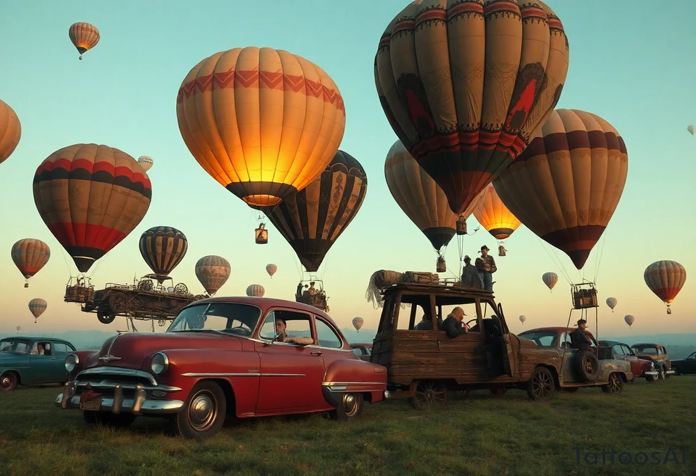 in a very steam punk vibe i want you to make a picture of a bunch of old beat up cars with people lounging in them and garbage and junk all up in and on them, tied to hot air balloons floating in the sky right about dusk and they are as far as the eye can see i want the cars to be floating as if they were the basket to the hot air balloons and the hot air balloons are all different colors and patterns and some are old and patched and i dont want to see the ground at all  i want this to be a scene that is up in the sky with them all floating under the balloons like it is in a dream and every single balloon in the picture is attached to a different old car, and some of the cars you can see people kicked back with thier feet out the window and stuff on the dash of the car, and some with people hanging an arm out hte window some have cigarrette smoke coming out the window, and the balloons all are different but every single car is floating high in the sky and i dont want there to be too many balloons and cars, just a few close together, and the rest ll are smaller and off in the distance 

and it should look like i too am in a car attached to a hot air balloon floating along as well and there should be no ground in sight,... because each one is hiigh in the sky, on a long voyage together i dont want to see the ground from the posistion tattoo idea