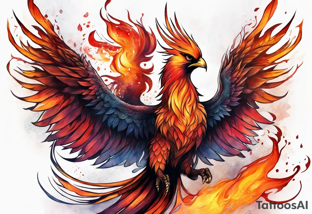 Phoenix on hip down into thigh with quote "from the Ashes I rise" long tail featgers tattoo idea