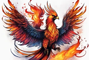 Phoenix on hip down into thigh with quote "from the Ashes I rise" long tail featgers tattoo idea