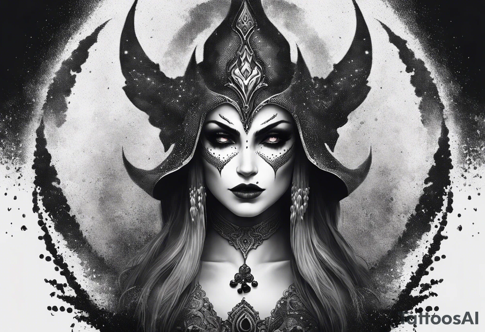 Idea for a pointillism tattoo of Sylvanas Banshee mode with some smoke around from World of Warcraft, black and white tattoo idea