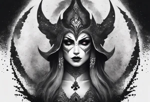 Idea for a pointillism tattoo of Sylvanas Banshee mode with some smoke around from World of Warcraft, black and white tattoo idea