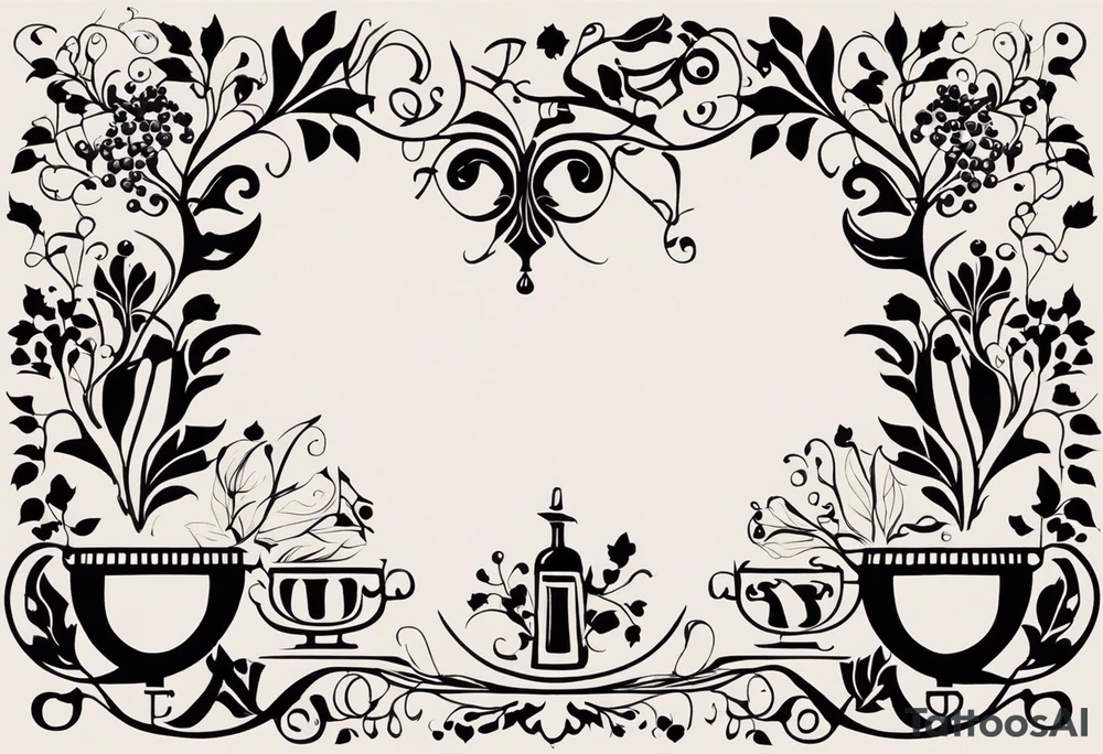 Create a tattoo design that beautifully merges the Greek gods Dionysus and Clio into a cohesive visual narrative. Incorporate Dionysus, the god of wine, ecstasy, and theater, with symbols such as grapevines, wine goblets, masks, or thyrsus staffs. For Clio, the muse of history and lyre-playing, consider incorporating scrolls, books, quills, or musical instruments. Ensure the design reflects their personalities, with Dionysus evoking a sense of wild revelry and Clio embodying scholarly wisdom and artistic inspiration. The design should seamlessly blend these elements to tell a captivating story of divine creativity and knowledge. tattoo idea