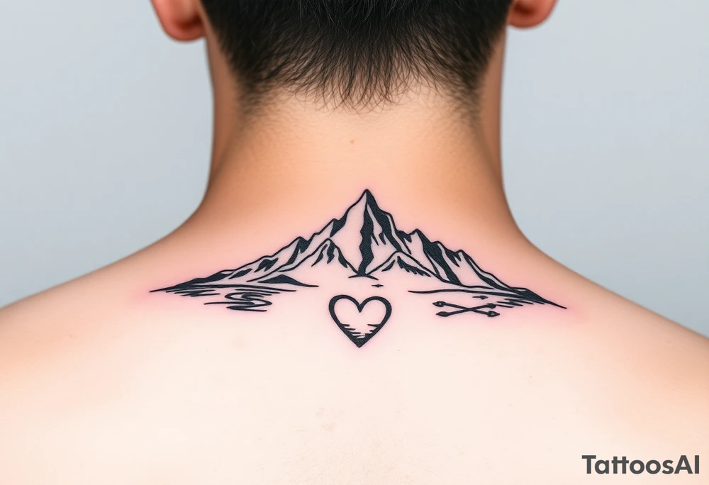 Small and simplistic couples tattoos including water, mountains and hearts tattoo idea