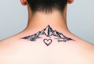 Small and simplistic couples tattoos including water, mountains and hearts tattoo idea