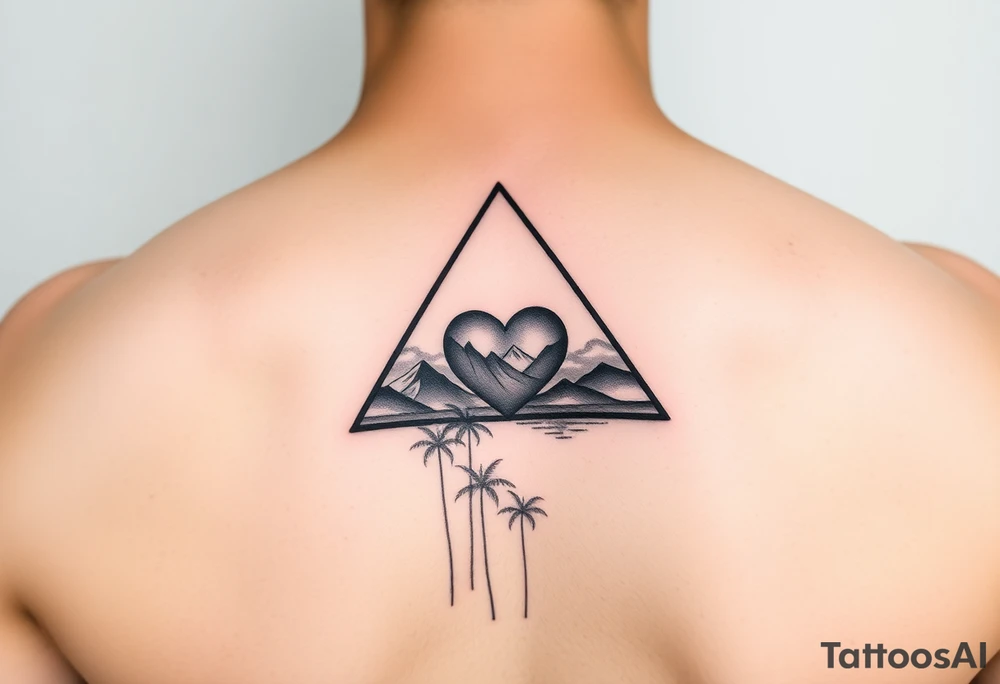 A single triangle with a heart in the center with mountains, ocean with palm trees in background tattoo idea