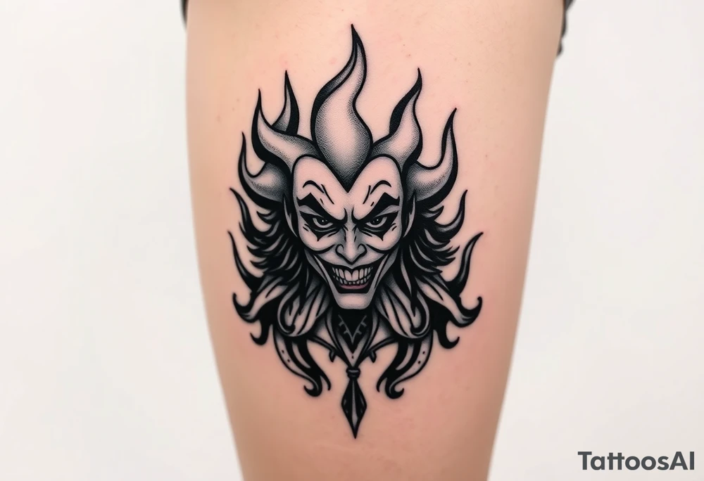 Powerful new age joker surrounded by flames tattoo idea