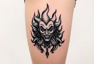 Powerful new age joker surrounded by flames tattoo idea