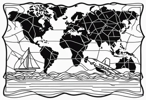 world map, coordinates lines, airplane flying, chip cargo on waves tattoo idea