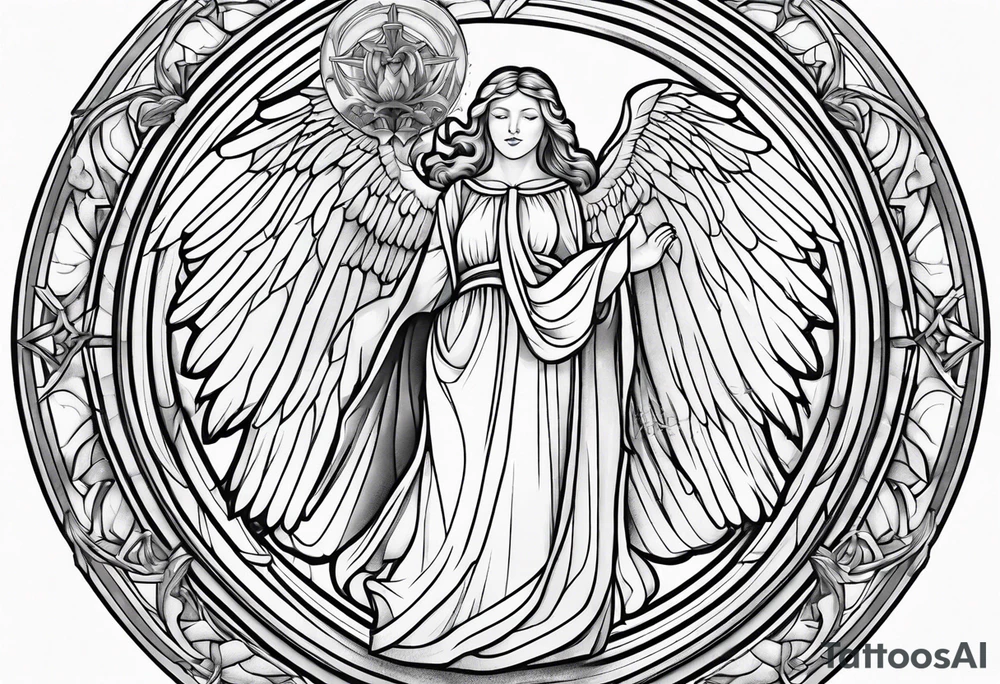 Religious, angel, powerful, forty style tattoo idea