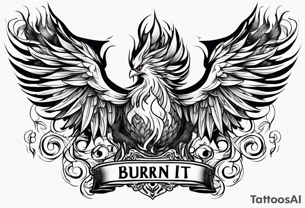 Bold text "BURN IT DOWN" engulfed with flames and smoke of a phoenix tattoo idea