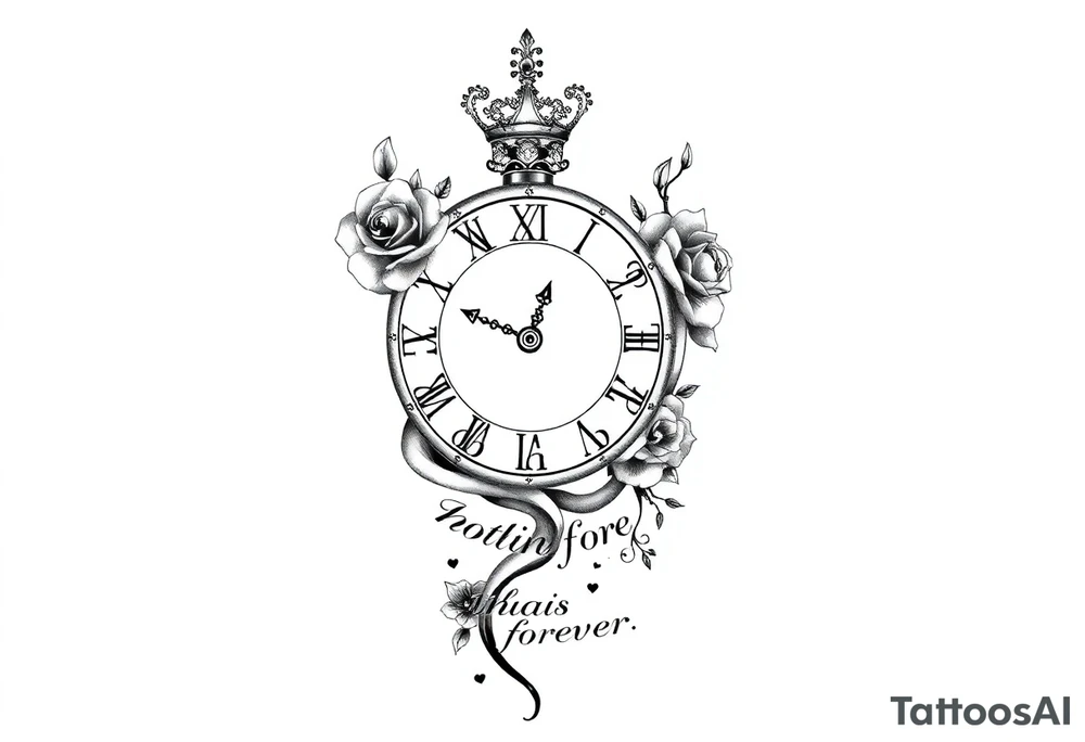 Roman clock with roses and a crown,  a quote that says nothings forever. and on the bottom a deck of cards tattoo idea