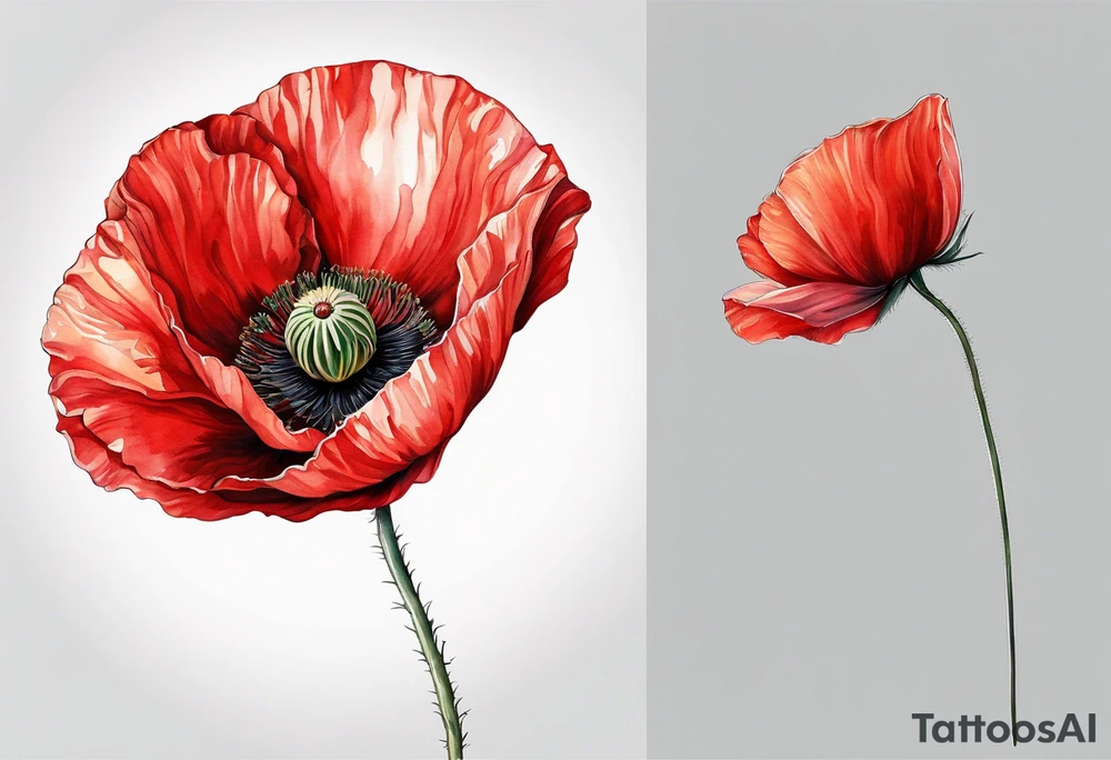 One Red poppy flower with long stem, no outline tattoo idea