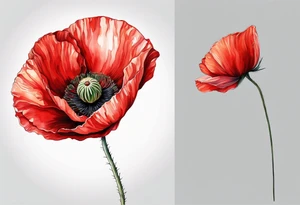 One Red poppy flower with long stem, no outline tattoo idea