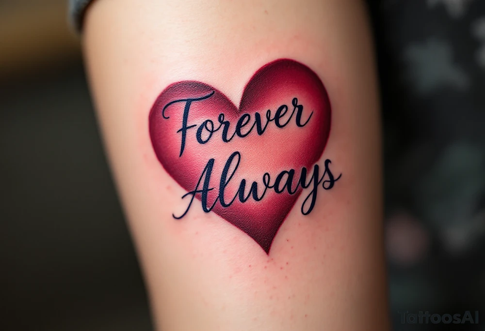 Elegant script “Forever” in burgundy for her and “Always” in navy for him inked over the heart show eternal devotion. tattoo idea