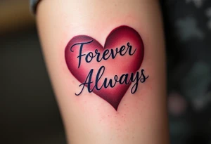 Elegant script “Forever” in burgundy for her and “Always” in navy for him inked over the heart show eternal devotion. tattoo idea