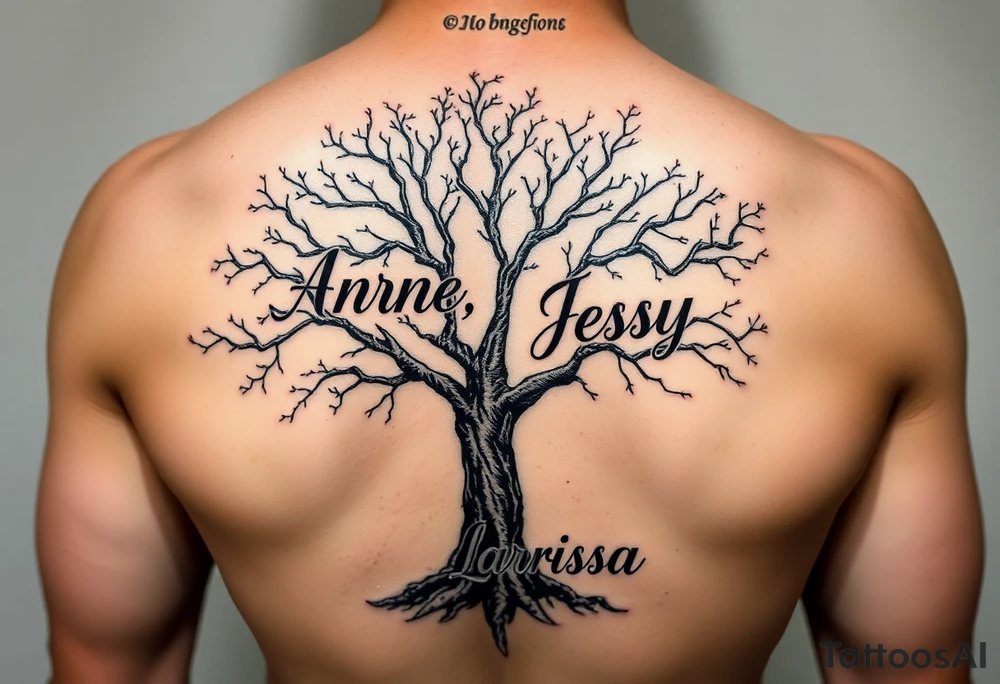 the name, Anne, Jessy
 on a live tree the name Larissa under the tree tattoo idea