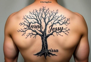 the name, Anne, Jessy
 on a live tree the name Larissa under the tree tattoo idea