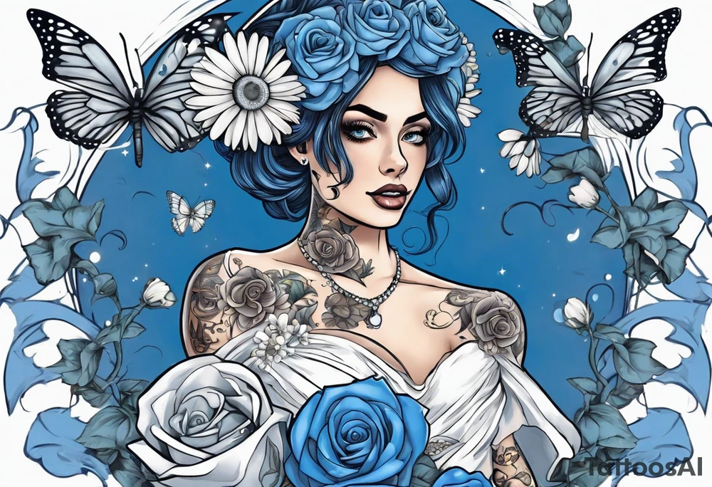 corps bride Emely. she is wearing a wedding dress. the vail on her head. she is holding a bouquet of blue roses in the middle of the bouquet  there is one white daisy. there is a Blue Morpho butterfly flying above the white daisy. A full moon on the background. tattoo idea