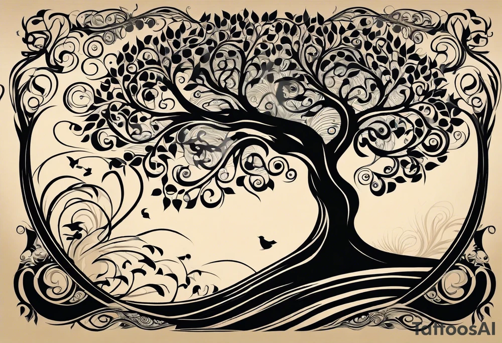 A tattoo design that incorporates the following elements: an abstract tree of life that has roots emerging  from the ground. Waves of water encapsulate the tree and wind around it in an organic way.  Incorporate music.   the letters U and A are overlapping and engraved into the tree. a golf ball incorporated but not prominent. tattoo idea