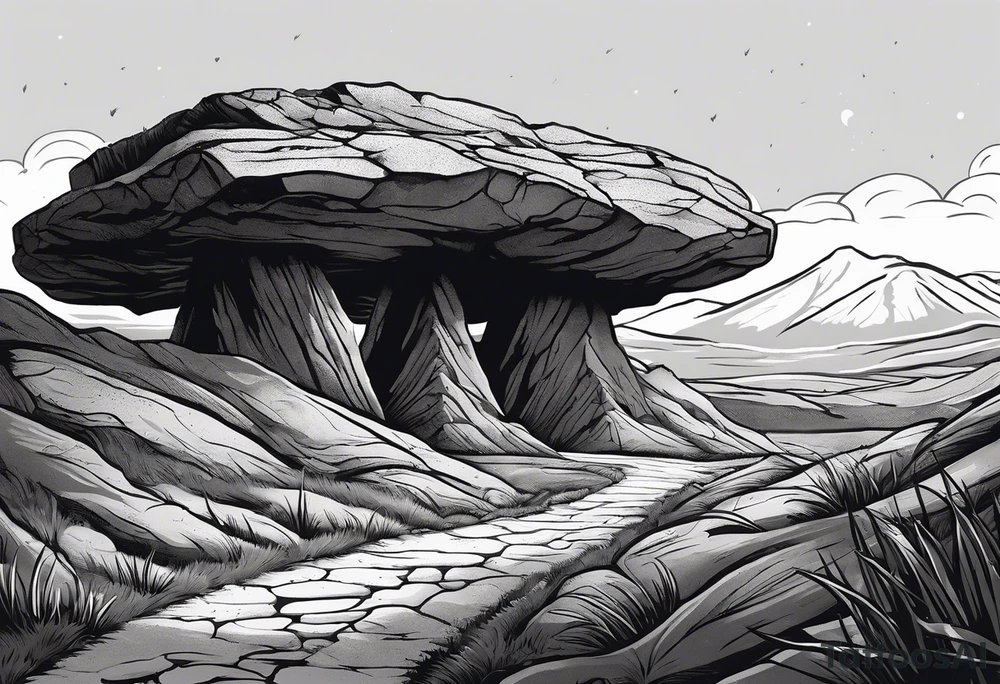 Create a tattoo of a flat topped rock Ebenezer with a base under the ground line that is pointed and deep, surrounded by freshly tilled and raked soil ready to be planted and under ground in front of the rock, a seed planted and pushing through the soil tattoo idea