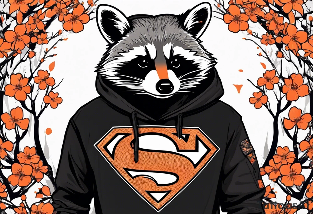 Raccoon wearing a white Superman logo on a black hoodie and orange Japanese cherry blossoms beside tattoo idea